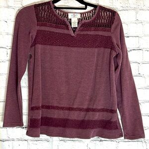 ⭐️OSO casuals maroon long sleeve pullover knit top sweater lace & ribbed S